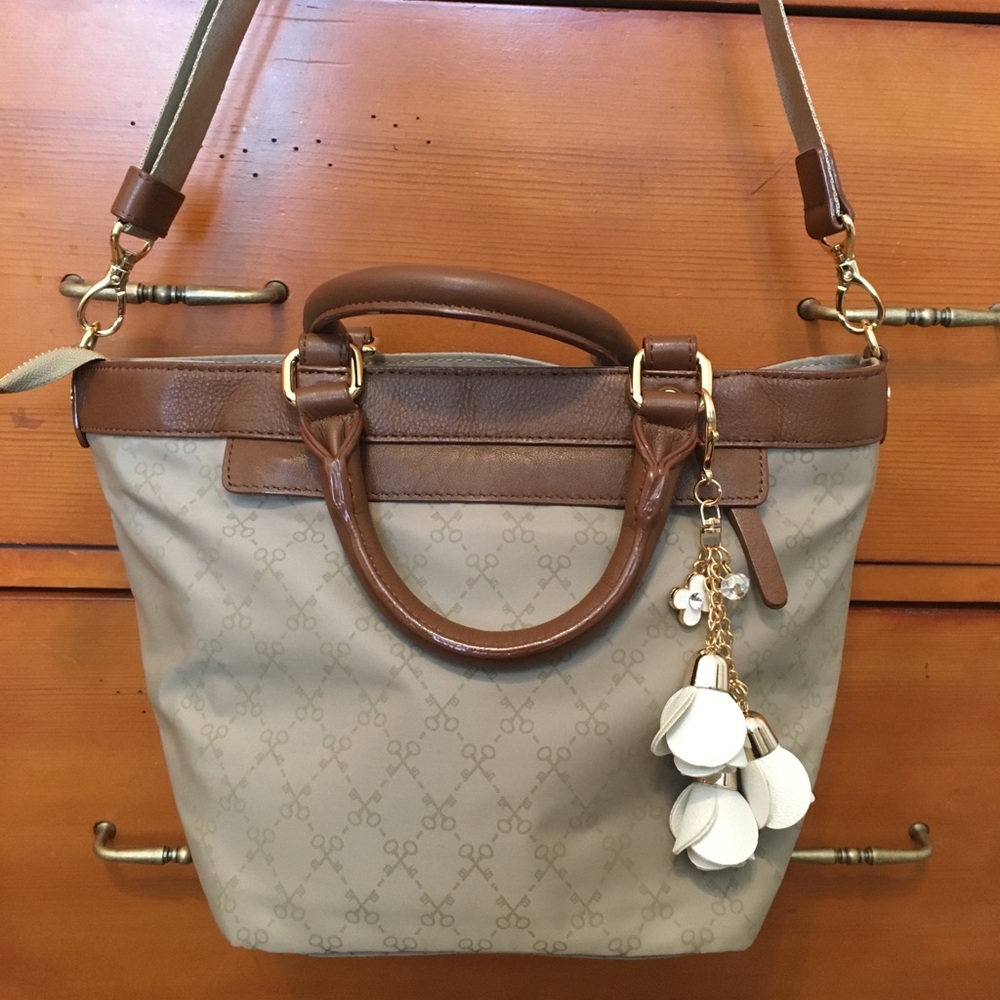 Sazby Nylon Beige Handbag With Brown Leather Trim